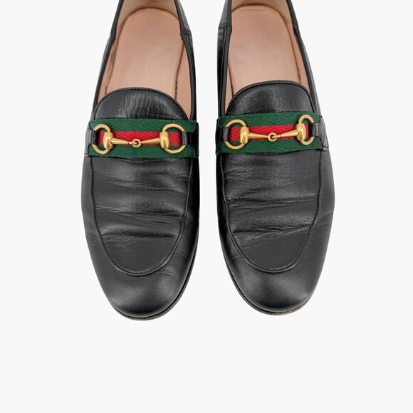 Gucci Brixton Black Leather Web Stripe Horsebit Loafers Size 38.5 US 8.5 Women's - Picture 4 of 15